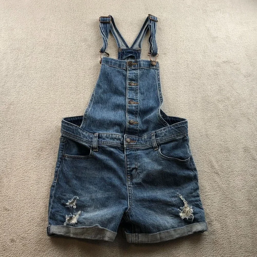 Cat & Jack Girls Shortalls Size XL (14-16) Blue Denim Distressed Cuffed Casual